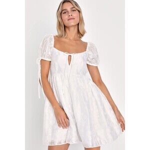 Lulus Exceptionally Angelic Dress White Mini Floral Puff Sleeve Size S NWOT